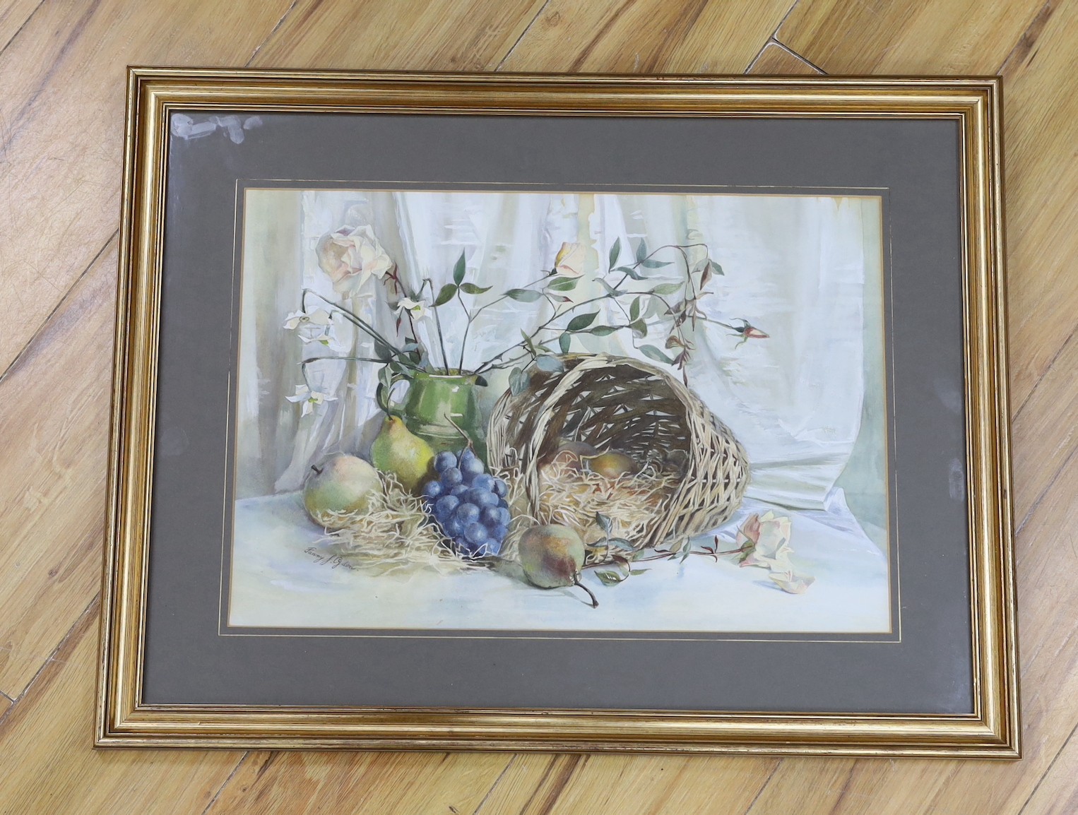 Fanny J. Ogden, watercolour, Still life of fruit, a jug and roses in a basket, signed, 33 x 48cm